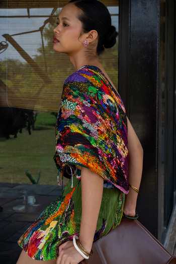 Shop_Amka_Multi Color Crepe One Shoulder Printed Blouse And Skirt Set _Online_at_Aza_Fashions