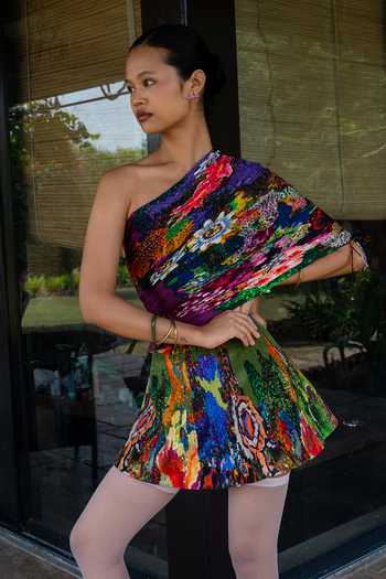 Amka_Multi Color Crepe One Shoulder Printed Blouse And Skirt Set _at_Aza_Fashions