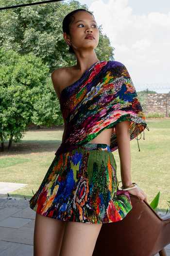 Shop_Amka_Multi Color Crepe One Shoulder Printed Blouse And Skirt Set 
