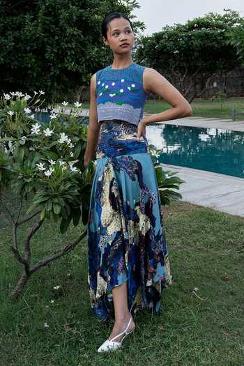 Buy Amka Blue Crepe Round Neck Sicily Beaded Top Online at Aza Fashions Buy_Amka_Blue Crepe Round Neck Sicily Beaded Top _Online_at_Aza_Fashions