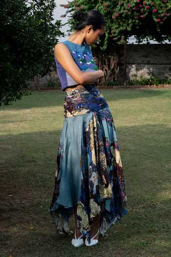 Amka_Blue Crepe Embroidery Sicily Printed Skirt _Online_at_Aza_Fashions