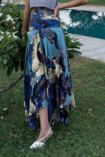 Buy_Amka_Blue Crepe Embroidery Sicily Printed Skirt _Online_at_Aza_Fashions