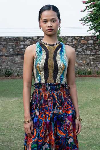 Amka_Multi Color Crepe Halter Neck Siolim Striped Top And Skirt Set _Online_at_Aza_Fashions