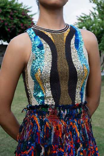 Shop_Amka_Multi Color Crepe Halter Neck Siolim Embroidered Blouse _Online_at_Aza_Fashions