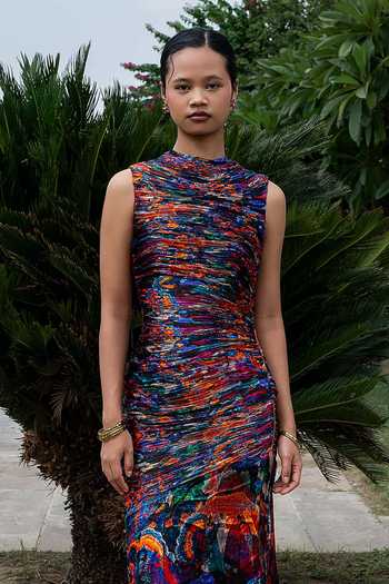Amka_Multi Color Chiffon High Neck Snug Printed Dress _Online_at_Aza_Fashions