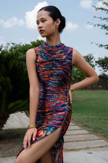 Buy_Amka_Multi Color Chiffon High Neck Snug Printed Dress _Online_at_Aza_Fashions