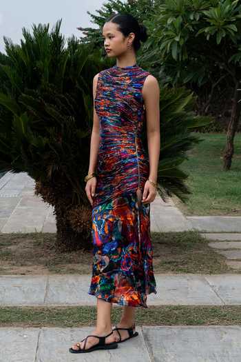 Buy_Amka_Multi Color Chiffon High Neck Snug Printed Dress 