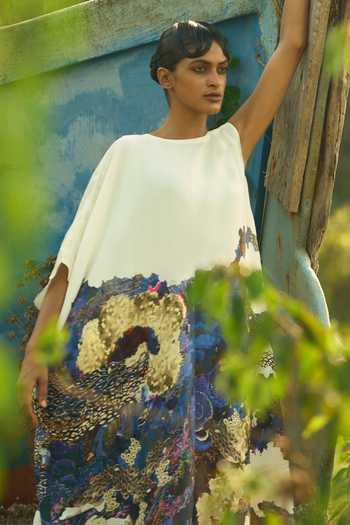 Amka Blue Crepe Round Neck Ozran Flowy Kaftan at Aza Fashions Amka_Blue Crepe Round Neck Ozran Flowy Kaftan _at_Aza_Fashions