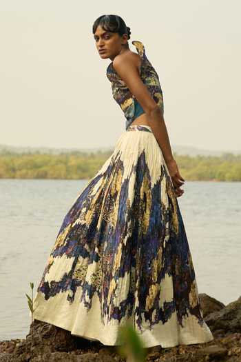 Amka_Blue Crepe One Shoulder Canacona Printed Skirt Set _Online_at_Aza_Fashions
