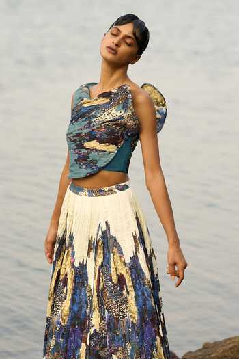 Shop_Amka_Blue Crepe One Shoulder Canacona Printed Skirt Set _Online_at_Aza_Fashions