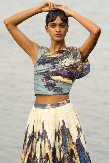 Amka_Blue Crepe One Shoulder Canacona Printed Skirt Set _at_Aza_Fashions