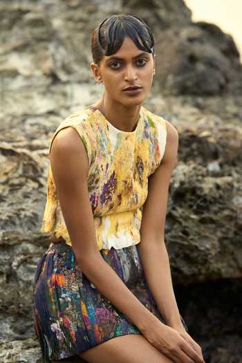 Amka_Yellow Crepe High Neck Bougie Printed Skirt Set _at_Aza_Fashions