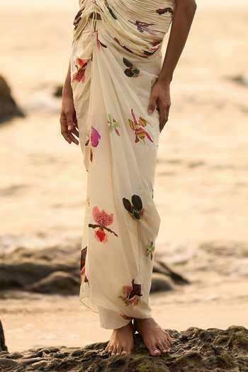 Buy_Amka_Cream Crepe Off-shoulder Cabo Pleated Top And Skirt Set _Online_at_Aza_Fashions