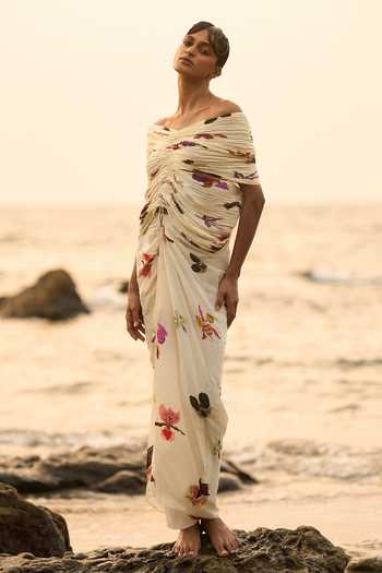 Shop_Amka_Cream Crepe Off-shoulder Cabo Pleated Top And Skirt Set _Online_at_Aza_Fashions
