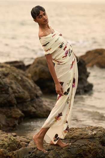 Shop_Amka_Cream Crepe Off-shoulder Cabo Pleated Top And Skirt Set 