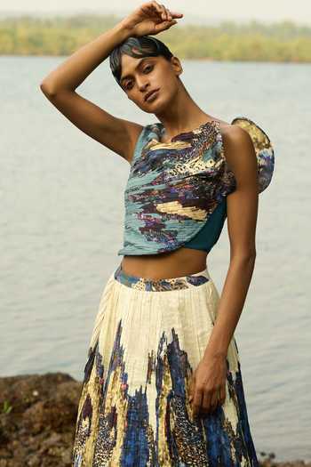 Amka Blue Crepe Asymmetric Neck, One Shoulder Canacona Structured Blouse Online at Aza Fashions Amka_Blue Crepe Asymmetric Neck, One Shoulder Canacona Structured Blouse _Online_at_Aza_Fashions