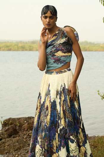 Shop Amka Blue Crepe Asymmetric Neck, One Shoulder Canacona Structured Blouse Online at Aza Fashions Shop_Amka_Blue Crepe Asymmetric Neck, One Shoulder Canacona Structured Blouse _Online_at_Aza_Fashions