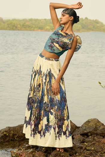 Buy Amka Blue Crepe Asymmetric Neck, One Shoulder Canacona Structured Blouse Buy_Amka_Blue Crepe Asymmetric Neck, One Shoulder Canacona Structured Blouse