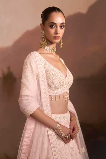 Angad Singh_Pink Raw Silk V-neck Gulaal Embroidered Lehenga Set _Online_at_Aza_Fashions