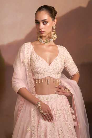 Buy_Angad Singh_Pink Raw Silk V-neck Gulaal Embroidered Lehenga Set _Online_at_Aza_Fashions