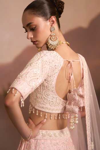 Shop_Angad Singh_Pink Raw Silk V-neck Gulaal Embroidered Lehenga Set _Online_at_Aza_Fashions