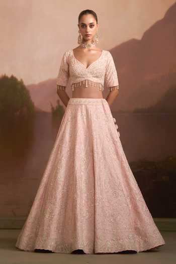 Angad Singh_Pink Raw Silk V-neck Gulaal Embroidered Lehenga Set _at_Aza_Fashions