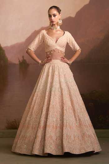 Buy Angad Singh Peach Raw Silk Sweetheart Neck Pehli Kiran Lehenga Set Online at Aza Fashions Buy_Angad Singh_Peach Raw Silk Sweetheart Neck Pehli Kiran Lehenga Set _Online_at_Aza_Fashions