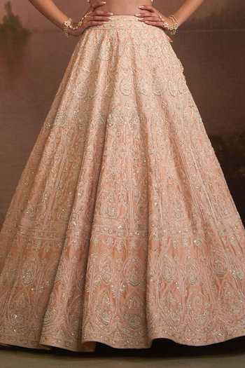 Shop Angad Singh Peach Raw Silk Sweetheart Neck Pehli Kiran Lehenga Set Online at Aza Fashions Shop_Angad Singh_Peach Raw Silk Sweetheart Neck Pehli Kiran Lehenga Set _Online_at_Aza_Fashions