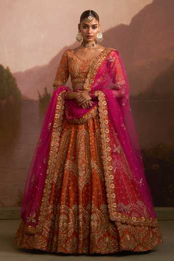 Angad Singh Angeethi Rust Raw Silk Lehenga Set 