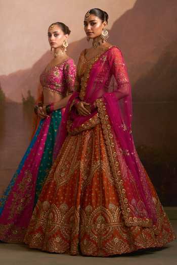 Buy_Angad Singh_Orange Raw Silk V-neck Angeethi Rust Lehenga Set _Online_at_Aza_Fashions