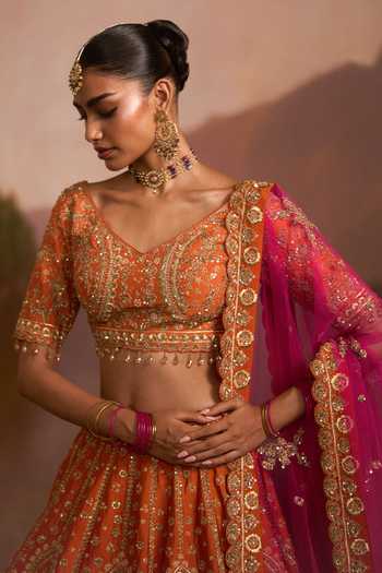 Shop_Angad Singh_Orange Raw Silk V-neck Angeethi Rust Lehenga Set _Online_at_Aza_Fashions