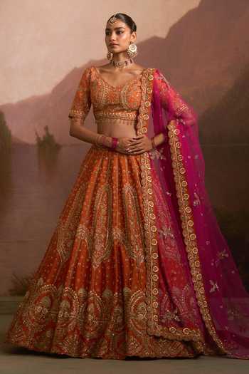 Buy_Angad Singh_Orange Raw Silk V-neck Angeethi Rust Lehenga Set 