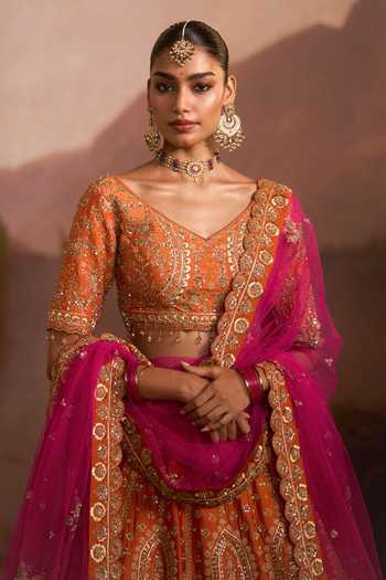 Shop_Angad Singh_Orange Raw Silk V-neck Angeethi Rust Lehenga Set 