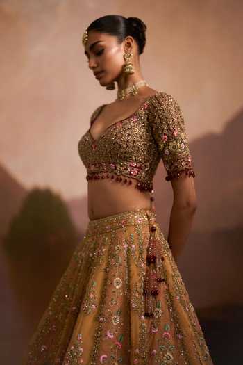 Angad Singh Yellow Organza V-neck Dholki Mustard Lehenga Set Online at Aza Fashions Angad Singh_Yellow Organza V-neck Dholki Mustard Lehenga Set _Online_at_Aza_Fashions