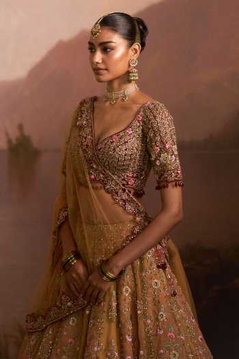 Shop Angad Singh Yellow Organza V-neck Dholki Mustard Lehenga Set Online at Aza Fashions Shop_Angad Singh_Yellow Organza V-neck Dholki Mustard Lehenga Set _Online_at_Aza_Fashions