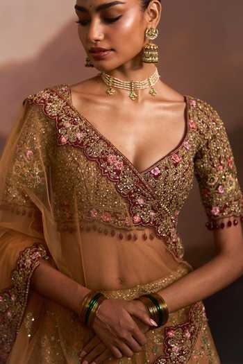 Shop Angad Singh Yellow Organza V-neck Dholki Mustard Lehenga Set Shop_Angad Singh_Yellow Organza V-neck Dholki Mustard Lehenga Set