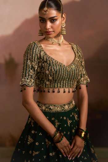 Buy Angad Singh Green Raw Silk V-neck Raat Rani Embroidered Lehenga Set Online at Aza Fashions Buy_Angad Singh_Green Raw Silk V-neck Raat Rani Embroidered Lehenga Set _Online_at_Aza_Fashions