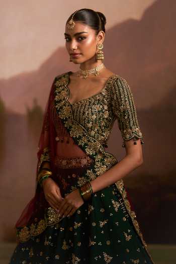 Shop Angad Singh Green Raw Silk V-neck Raat Rani Embroidered Lehenga Set Online at Aza Fashions Shop_Angad Singh_Green Raw Silk V-neck Raat Rani Embroidered Lehenga Set _Online_at_Aza_Fashions