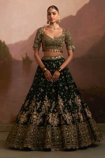 Buy Angad Singh Green Raw Silk V-neck Raat Rani Embroidered Lehenga Set Buy_Angad Singh_Green Raw Silk V-neck Raat Rani Embroidered Lehenga Set