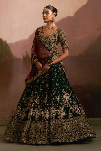 Shop Angad Singh Green Raw Silk V-neck Raat Rani Embroidered Lehenga Set Shop_Angad Singh_Green Raw Silk V-neck Raat Rani Embroidered Lehenga Set