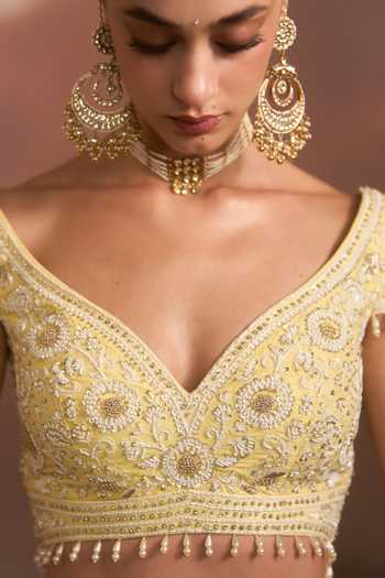 Shop Angad Singh Yellow Raw Silk Sweetheart Neck Haldi Lime Lehenga Set Shop_Angad Singh_Yellow Raw Silk Sweetheart Neck Haldi Lime Lehenga Set