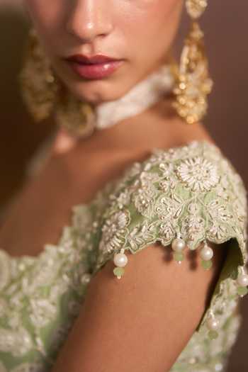Angad Singh_Green Raw Silk Square Neck Purvai Mint Lehenga Set _Online_at_Aza_Fashions