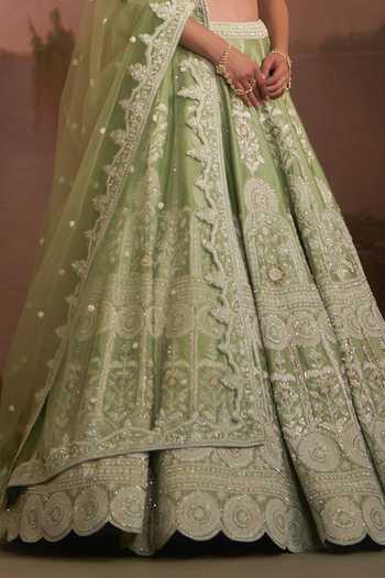 Buy_Angad Singh_Green Raw Silk Square Neck Purvai Mint Lehenga Set _Online_at_Aza_Fashions