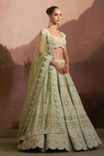 Shop_Angad Singh_Green Raw Silk Square Neck Purvai Mint Lehenga Set _Online_at_Aza_Fashions