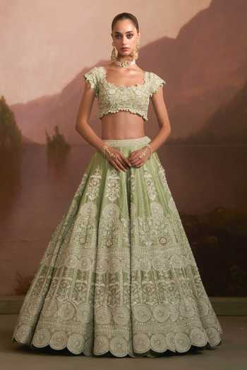 Angad Singh_Green Raw Silk Square Neck Purvai Mint Lehenga Set _at_Aza_Fashions