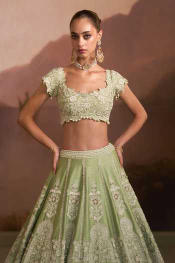 Buy_Angad Singh_Green Raw Silk Square Neck Purvai Mint Lehenga Set 