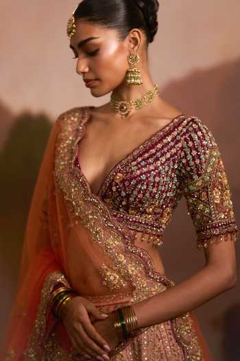 Shop Angad Singh Multi Color Organza V-neck Gidha Embroidered Lehenga Set Online at Aza Fashions Shop_Angad Singh_Multi Color Organza V-neck Gidha Embroidered Lehenga Set _Online_at_Aza_Fashions