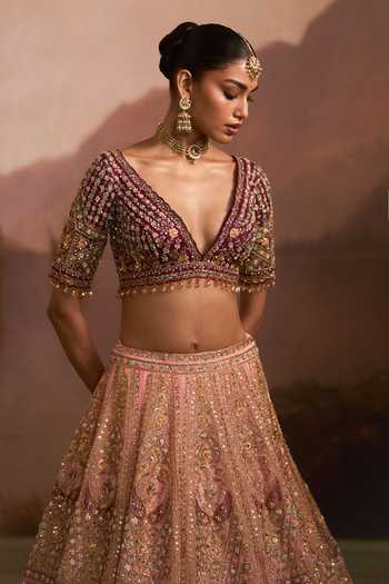 Buy Angad Singh Multi Color Organza V-neck Gidha Embroidered Lehenga Set Buy_Angad Singh_Multi Color Organza V-neck Gidha Embroidered Lehenga Set