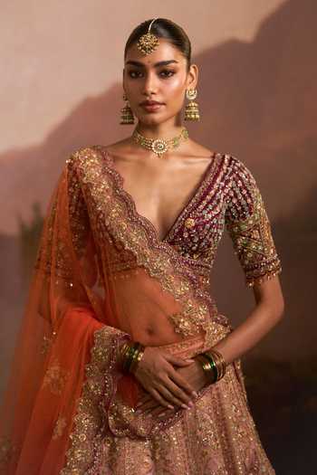 Shop Angad Singh Multi Color Organza V-neck Gidha Embroidered Lehenga Set Shop_Angad Singh_Multi Color Organza V-neck Gidha Embroidered Lehenga Set