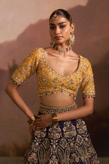 Shop_Angad Singh_Blue Raw Silk V-neck Pichhli Raat Lehenga Set _Online_at_Aza_Fashions